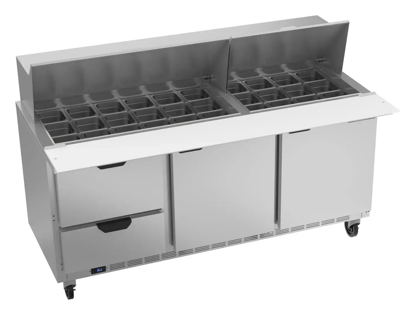 Stainless Beverage-Air mega-top sandwich prep table with two doors and two drawers provides spacious work areas for cafes and deli assembly.