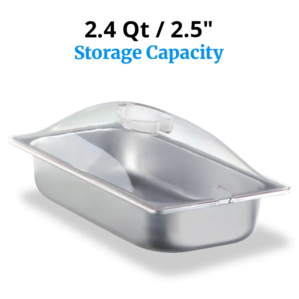 Cadco third-size stainless steam pan with lid and easy to clean, designed for electric buffet servers in catering or commercial kitchens.