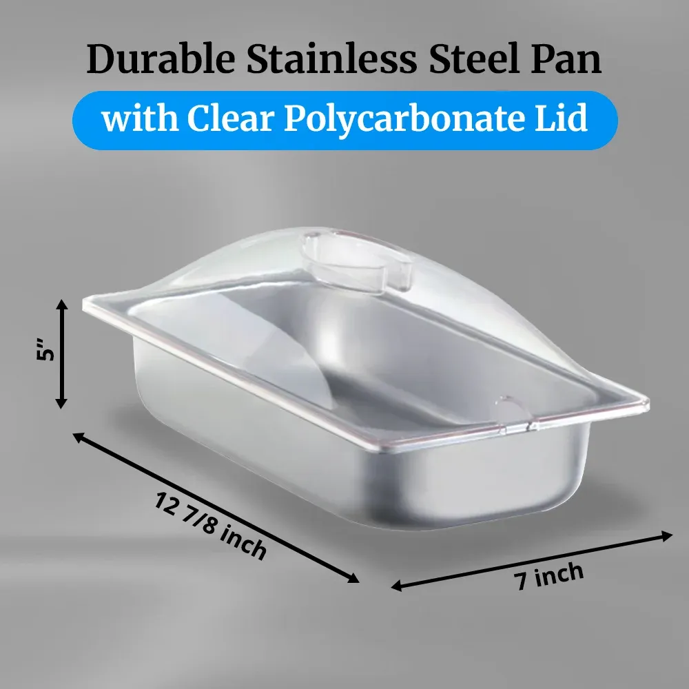 Cadco third-size stainless steam pan with lid and easy to clean, designed for electric buffet servers in catering or commercial kitchens.