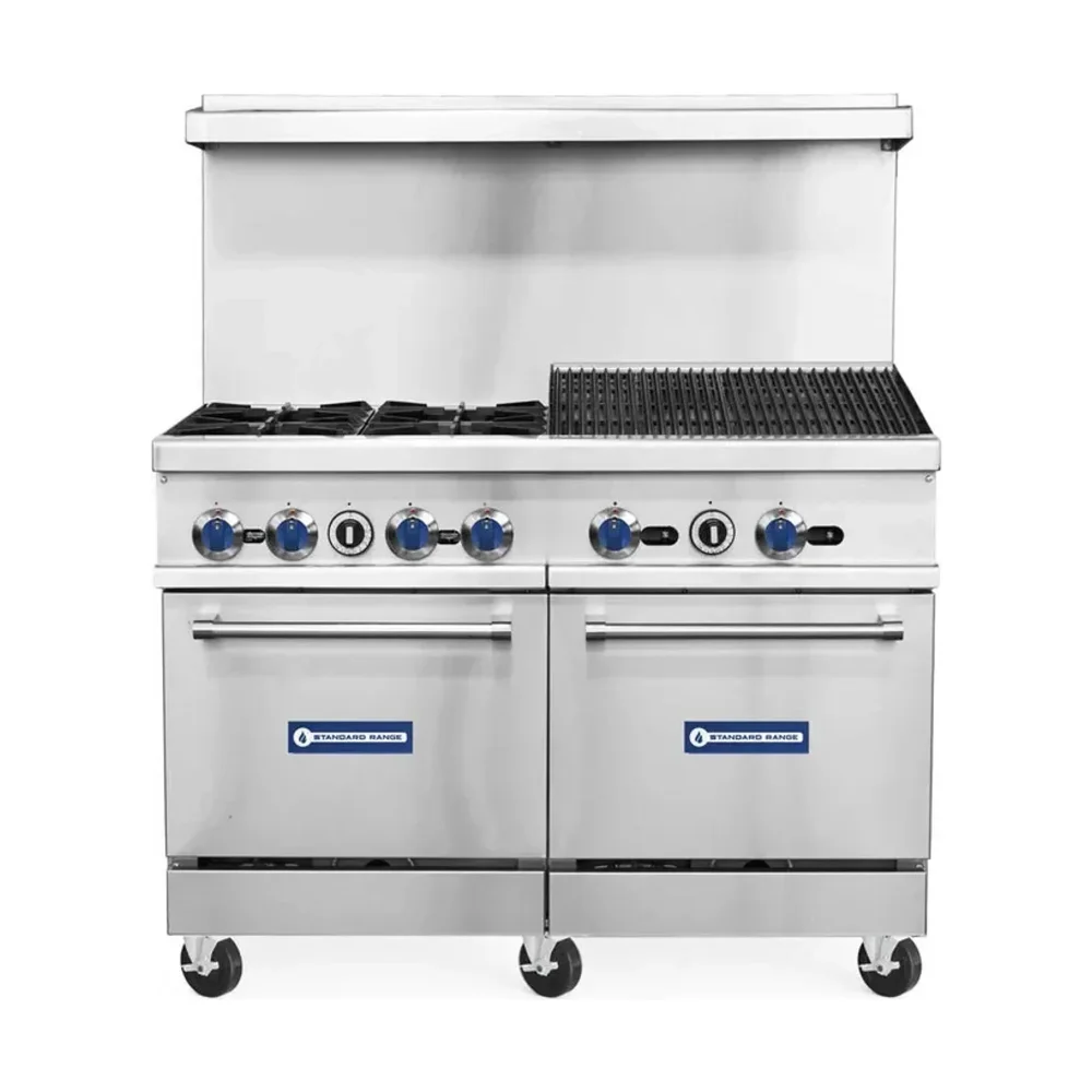Standard Range 48" Gas Range, 24" Charbroiler & 2 Oven, 4 Burners, Liquid Propane - 256,000 BTU