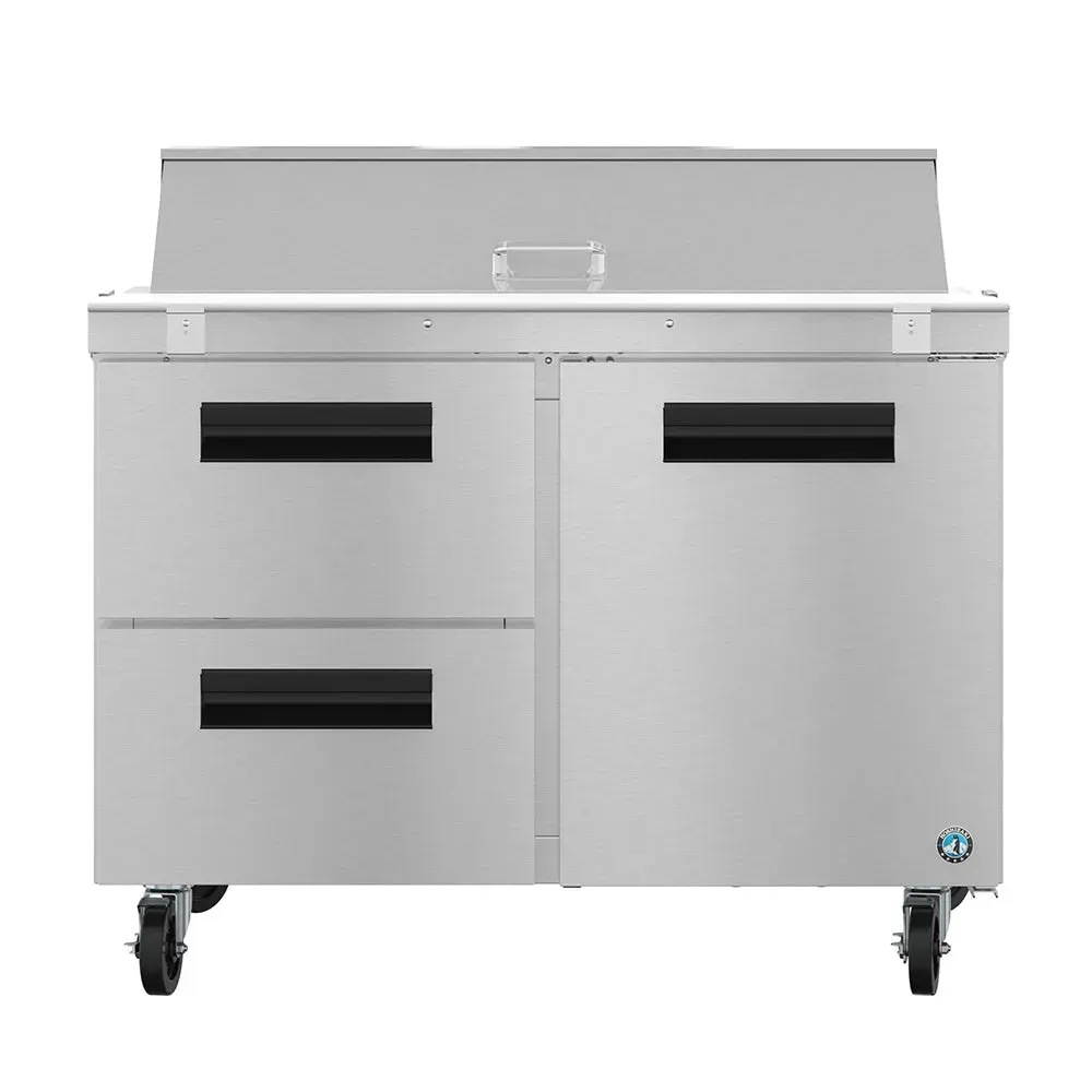 Steelheart stainless steel sandwich/salad prep table by Hoshizaki America, ideal for streamlining ingredient access in high volume kitchens.