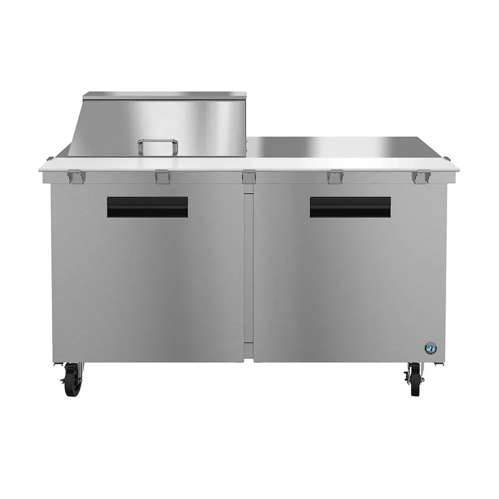 Stainless steel prep table from Hoshizaki America with a refrigerated base and several pans, perfect for cafés needing compact, efficient storage.