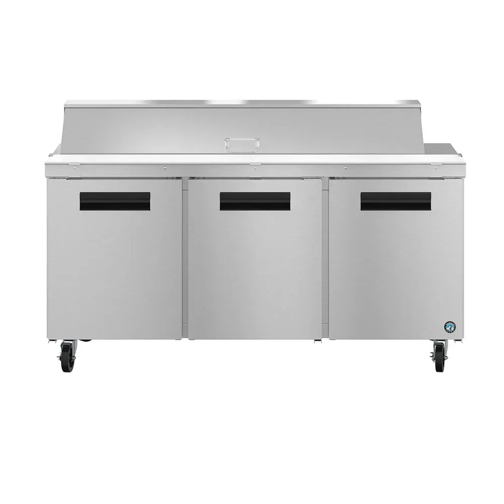 Sturdy stainless prep table by Hoshizaki America with a cold base and many pans for sandwich or salad assembly work in high volume kitchens.