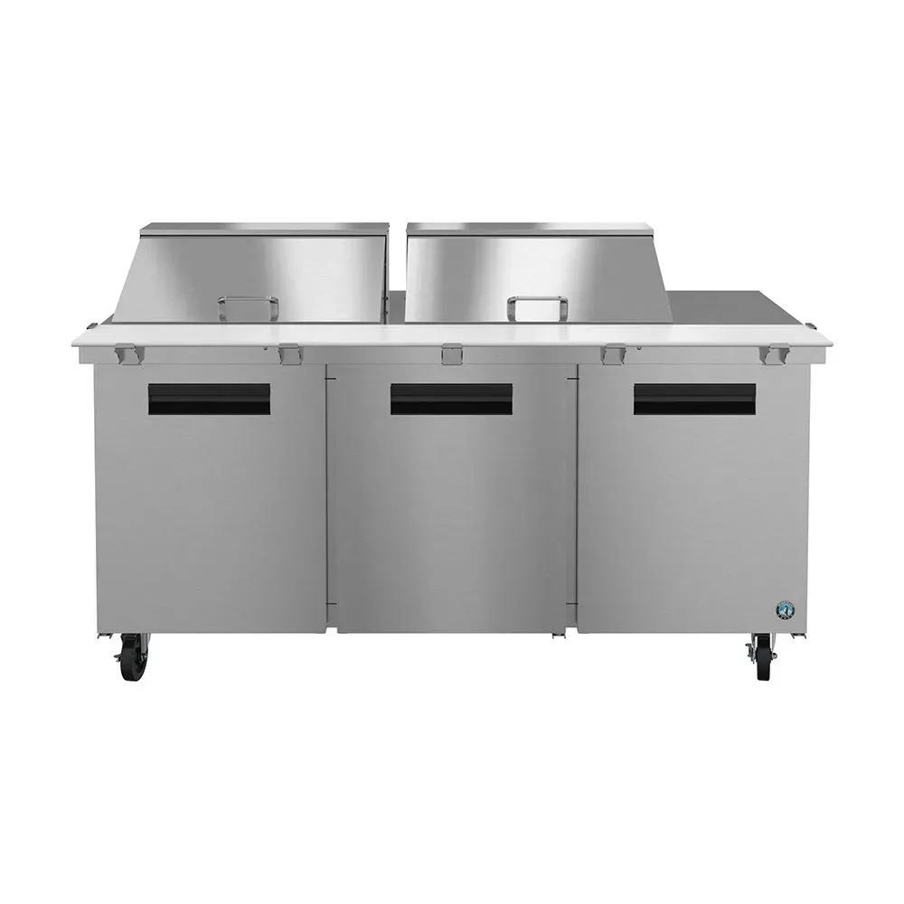 Wide prep table by Hoshizaki America with a refrigerated base and multiple pans, designed for fast sandwich or salad prep work in busy kitchens.