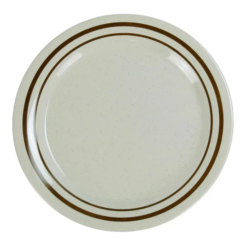Yanco China tan melamine sesame round dinner plate ideal for daily dining, featuring a warm textured rim to enhance presentation of meals.