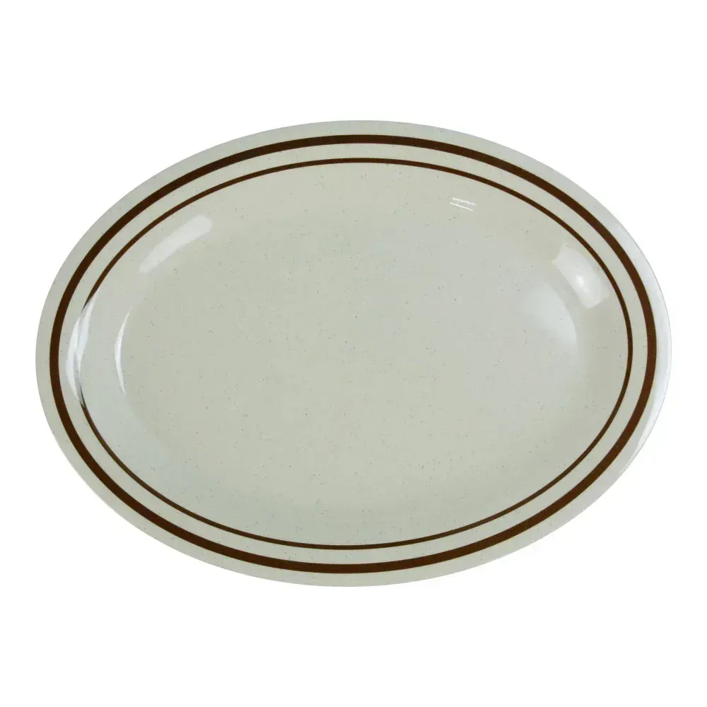 Yanco China tan melamine sesame oval platter great for buffet or family-style meals, combining durability with rustic aesthetic appeal.