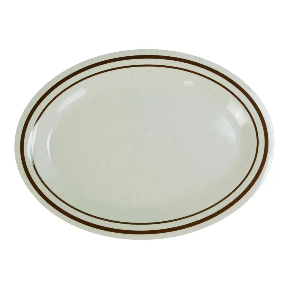 Yanco China tan melamine sesame oval platter designed for serving a variety of foods, adding warm textured style to dining occasions.