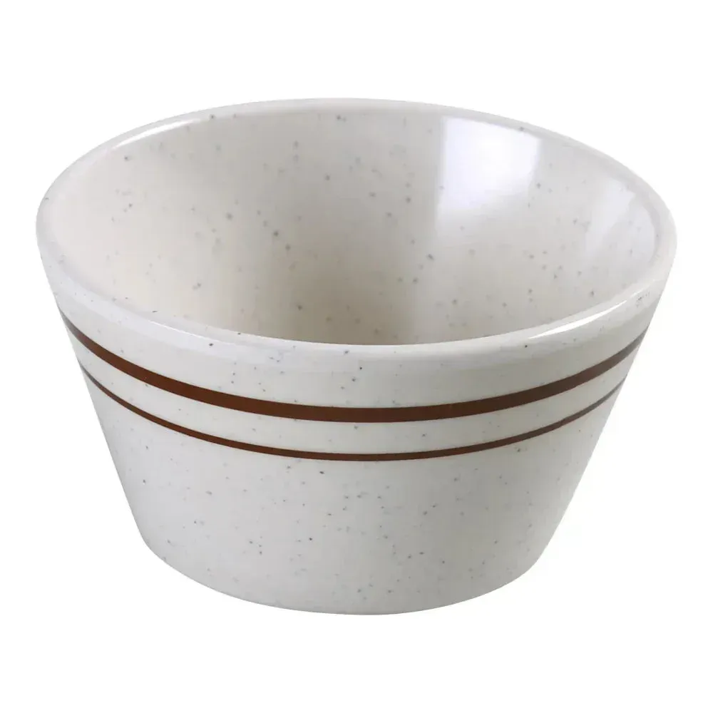 Yanco China tan melamine sesame bouillon cup perfect for hot broths or soups, offering lasting durability with a refined rustic rim detail.