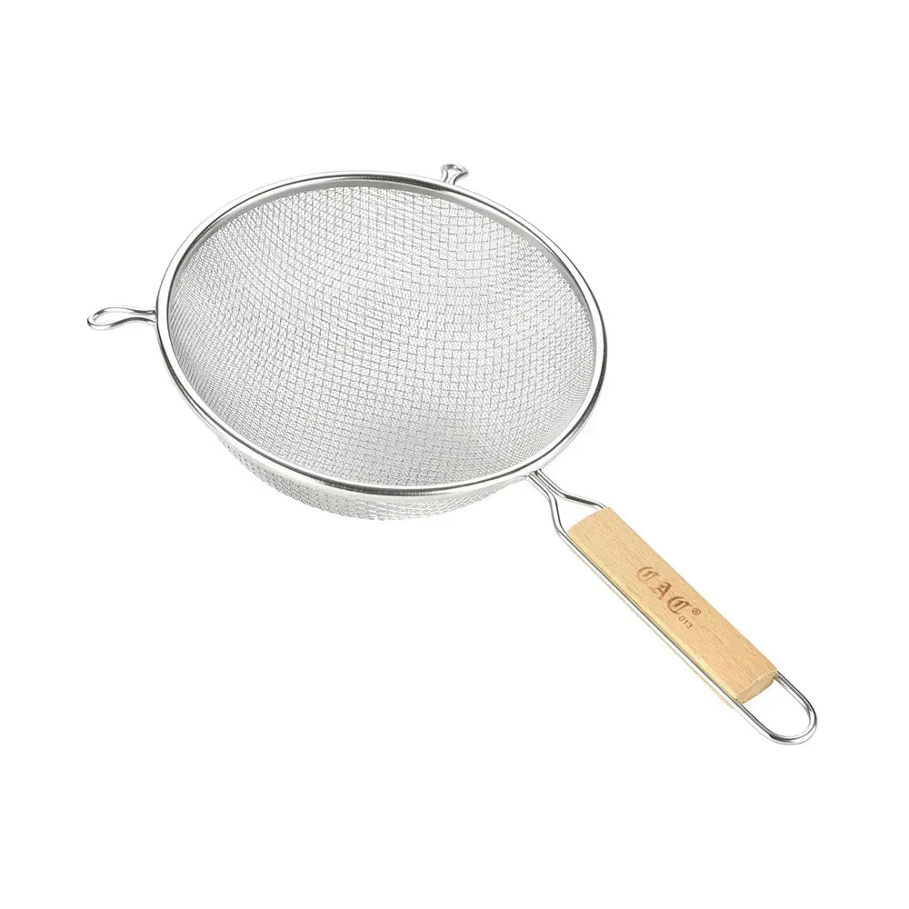 CAC China compact double-mesh strainer with wood handle, great for efficiently sieving sauces and purees in hotel or restaurant kitchens.