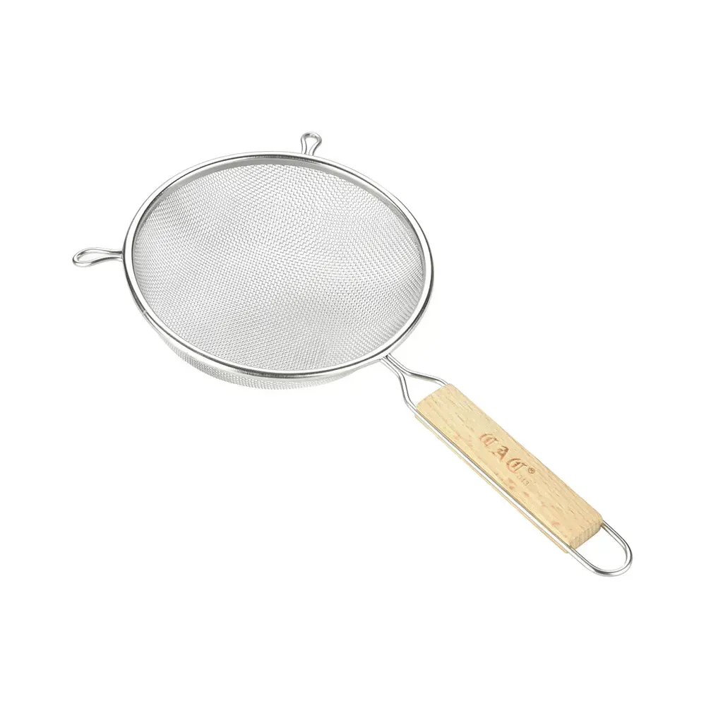 CAC China fine double-mesh strainer with wood handle, perfect for smooth filtration tasks in hotel kitchens, bars, or restaurant cafés.