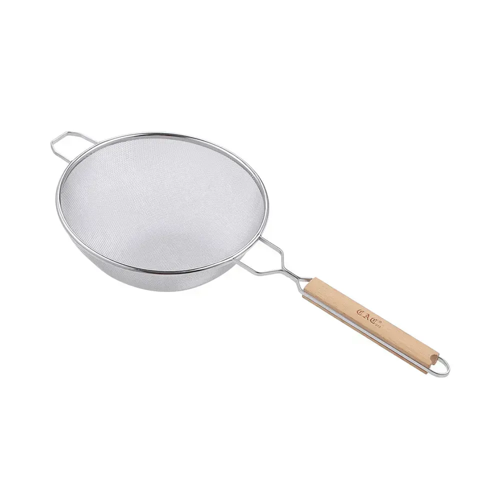 CAC China medium double-mesh stainless steel strainer with comfortable wooden handle, perfect for wide range of kitchen straining tasks
