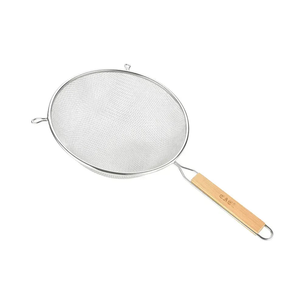 CAC China large double-mesh stainless steel strainer with wooden handle, extra fine straining for smooth soups, sauces, custards