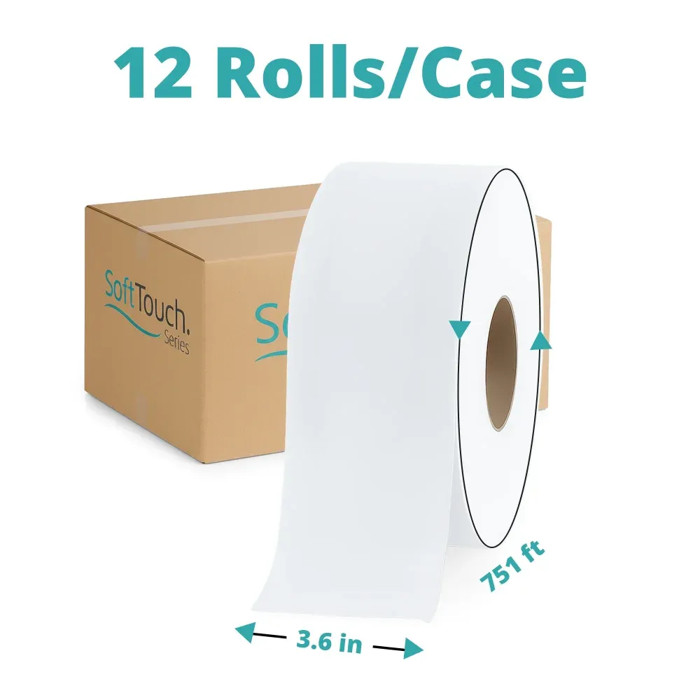 SoftTouch Series Mini Jumbo Bath Tissue Roll, 3.6" x 751 ft, 2-Ply, 12 Rolls/Case