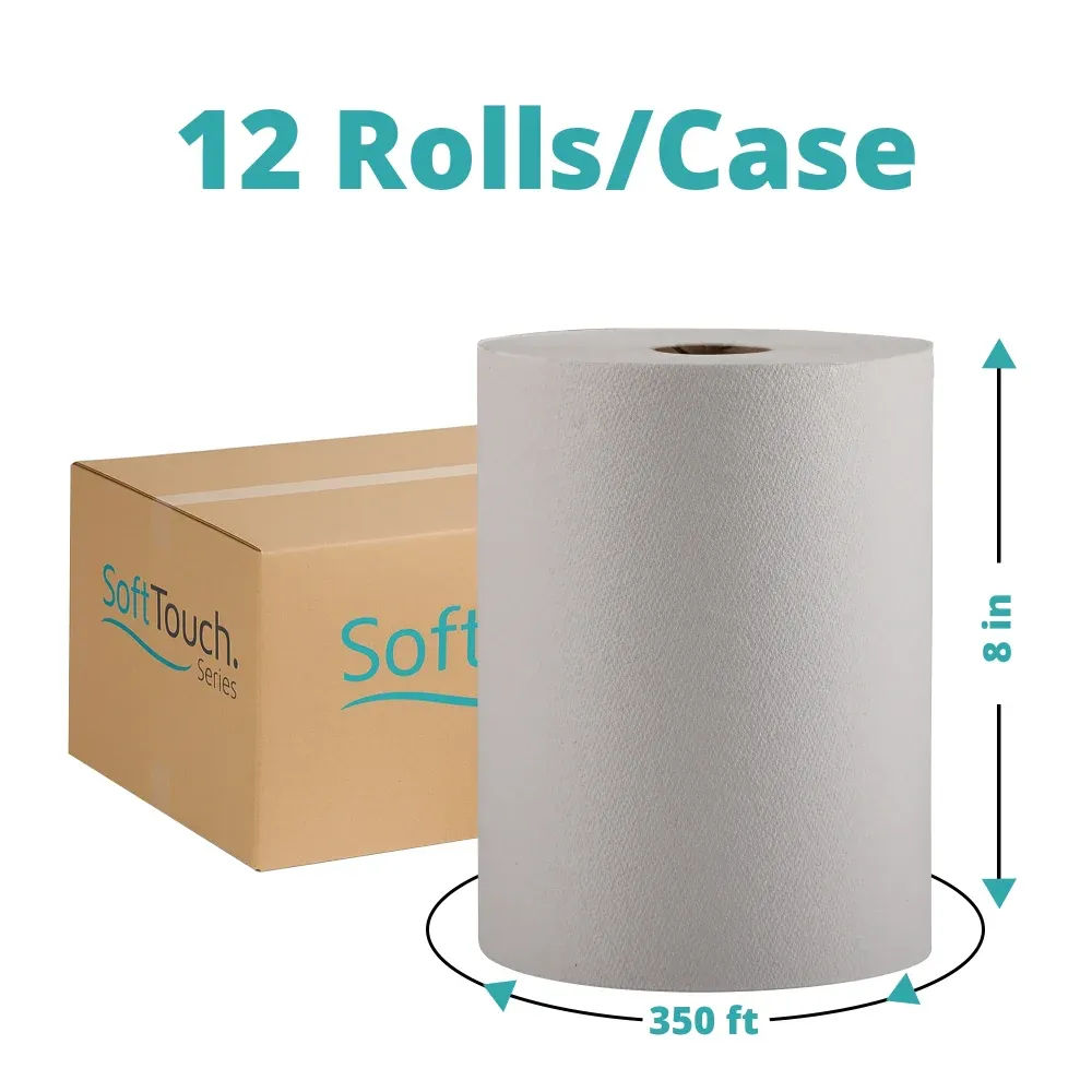 SoftTouch Series Premium Hardwound Paper Towel, 8 in x 350 ft, White, 1-Ply, 12 Rolls/Case