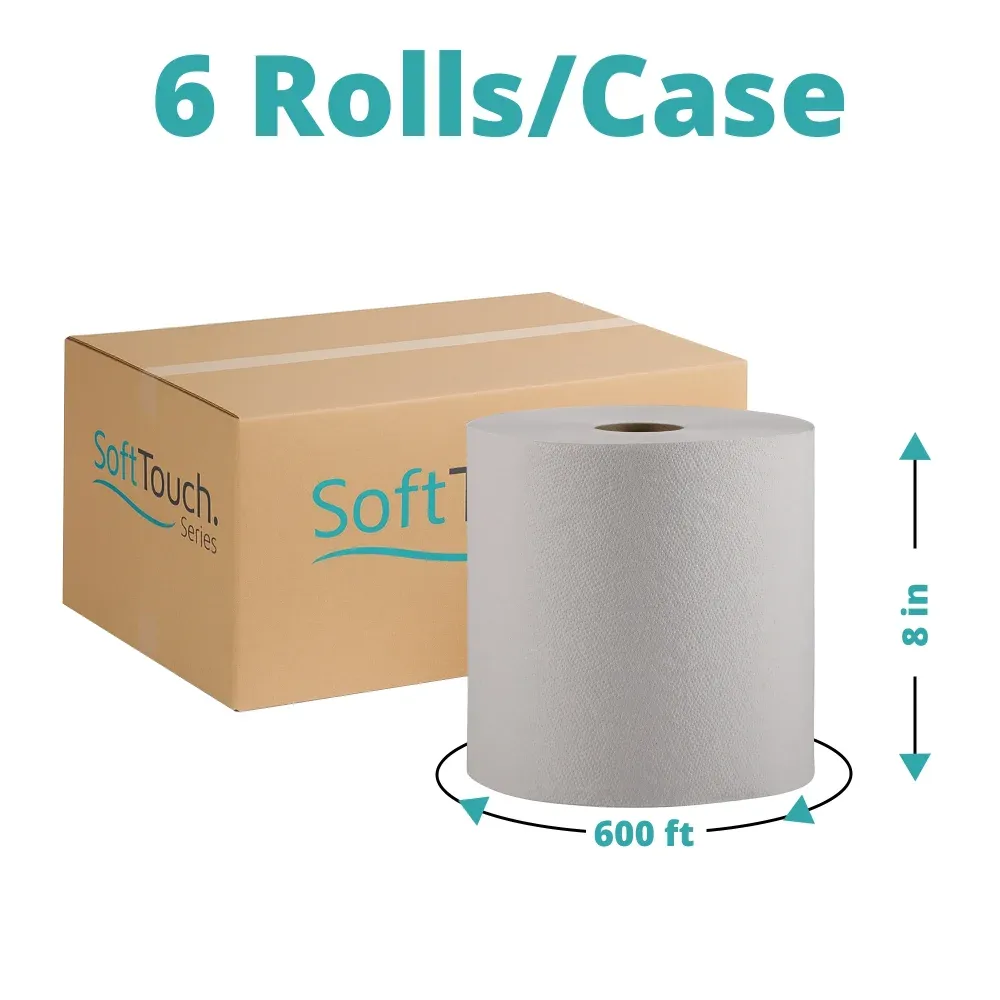 SoftTouch Series Premium Hardwound Paper Towel, 8 in x 600 ft, White, 1-Ply, 6 Rolls/Case