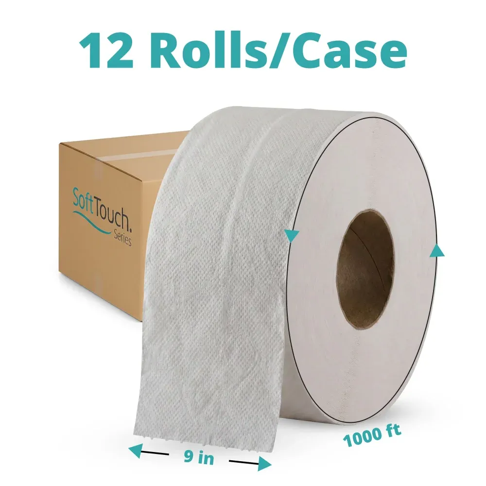 SoftTouch Series Jumbo Bath Tissue Roll, 9" x 1000 ft, 2-Ply, 12 Rolls/Case