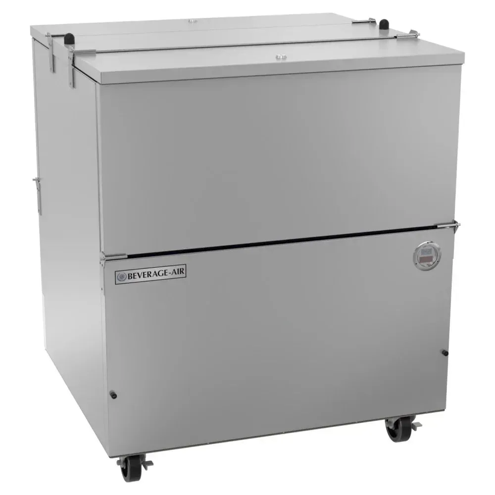 Brushed stainless Beverage-Air two-sided cold-wall milk cooler offers clean lines, long-lasting durability, and reliable dairy storage performance.