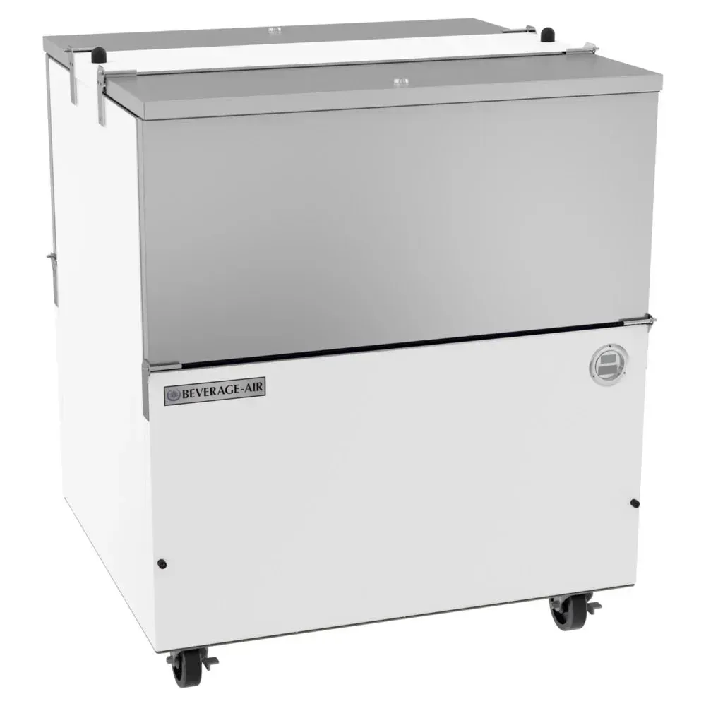 Bright white Beverage-Air two-sided cold-wall milk cooler with sleek stainless interior is ready for service in schools or hotel breakfast buffets.
