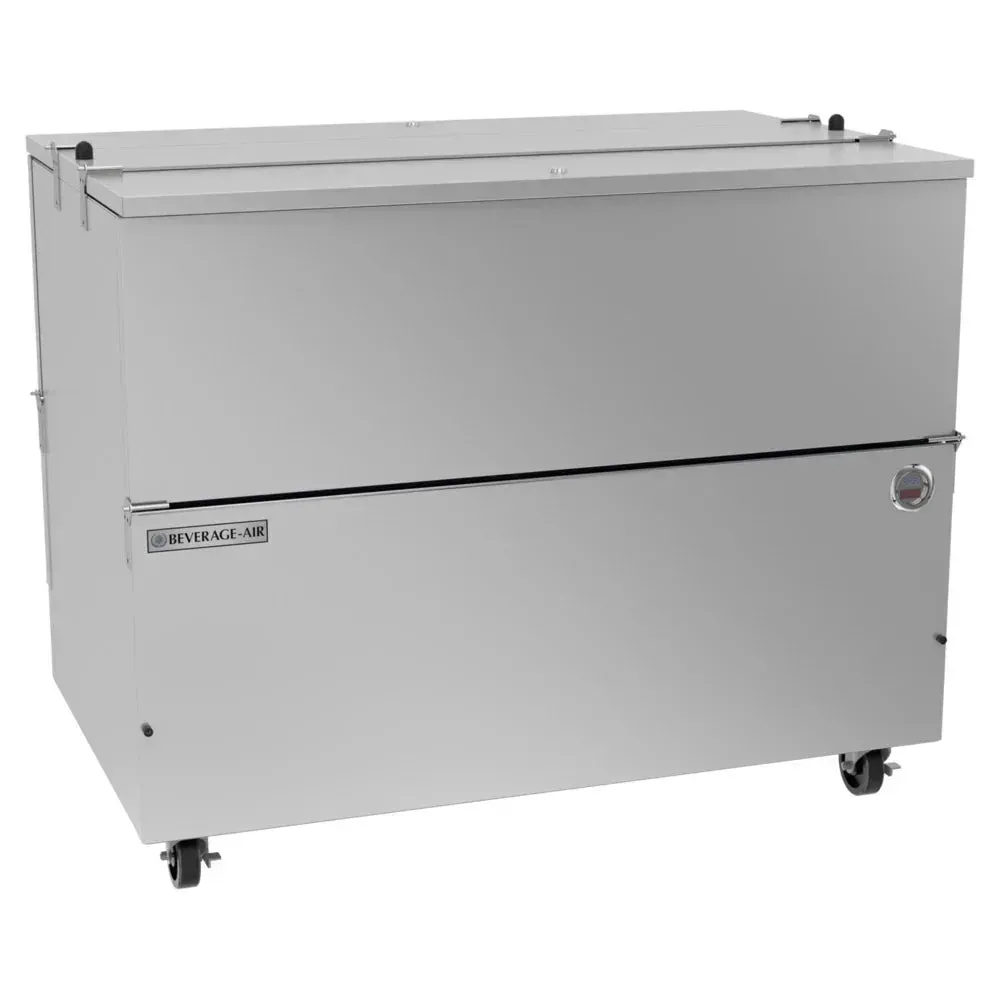 Beverage-Air stainless cold-wall milk cooler reflects kitchen light with robust construction, ensuring dependable dairy storage in foodservice.