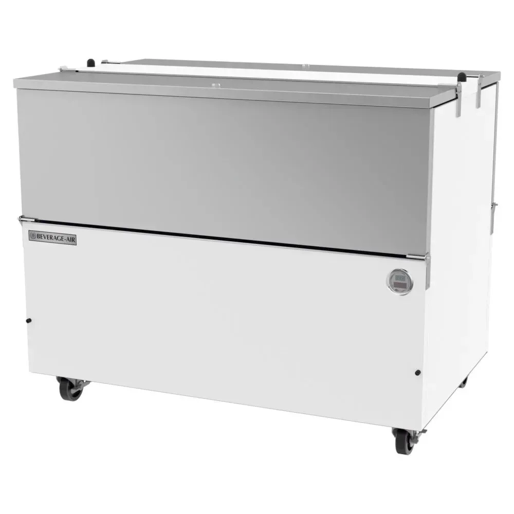 White Beverage-Air cold-wall milk cooler with stainless interior and sleek finish offers durability and convenience for busy kitchen operations.