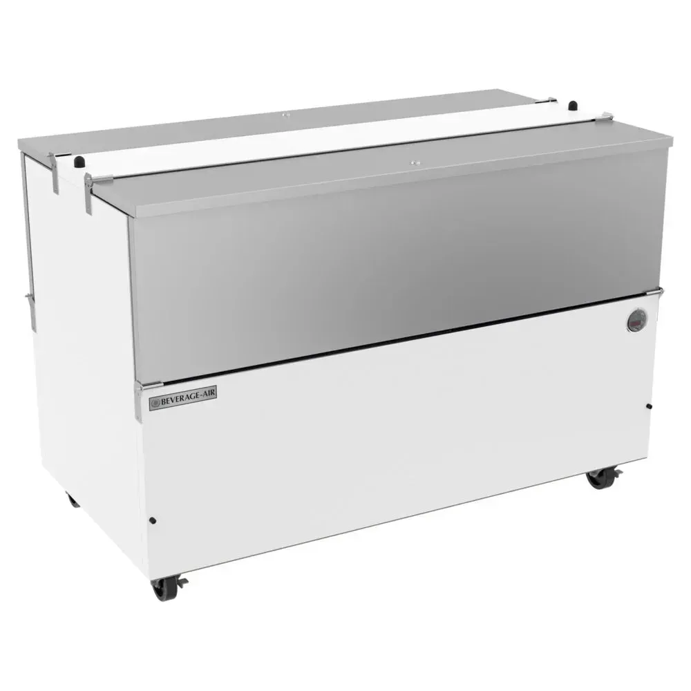 Three-quarter view of Beverage-Air white two-sided cold-wall milk cooler blends with modern cafeteria design while keeping dairy perfectly chilled.