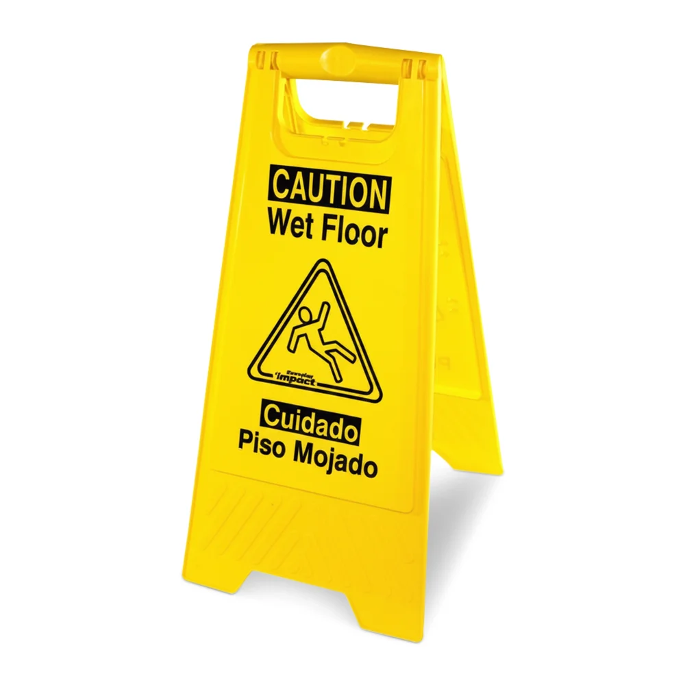 SoftTouch Series Double Sided Yellow Wet Floor Sign, English / Spanish, Caution Wet Floor