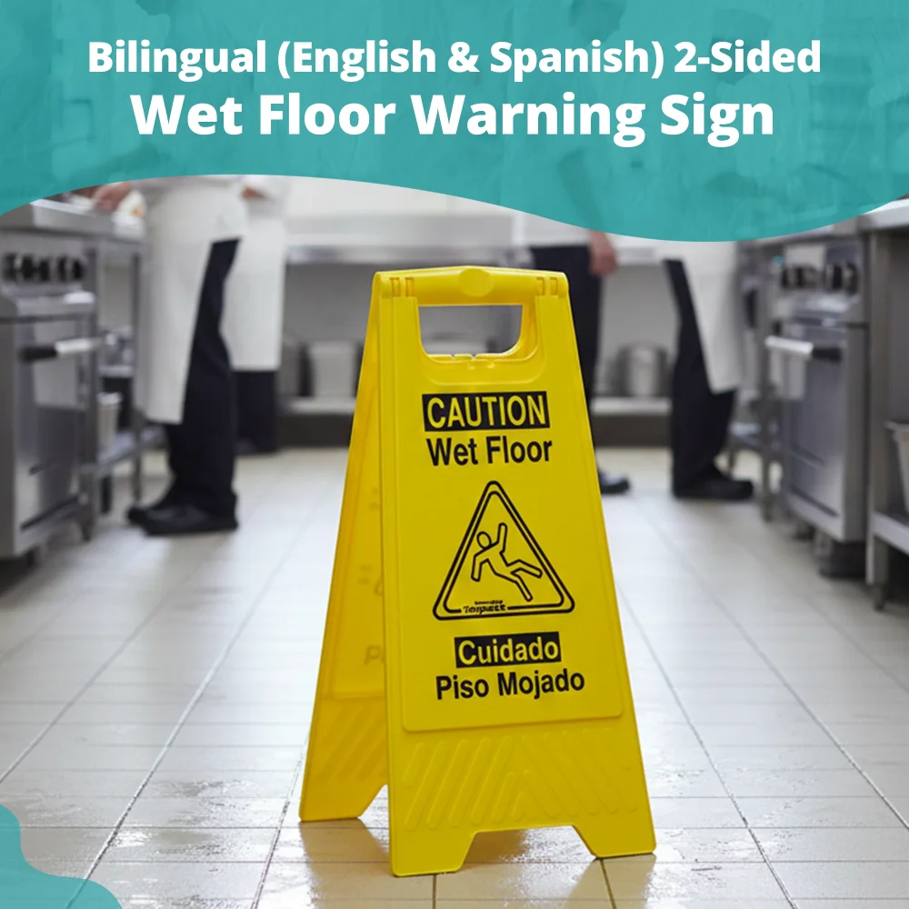 SoftTouch Series Double Sided Yellow Wet Floor Sign, English / Spanish, Caution Wet Floor