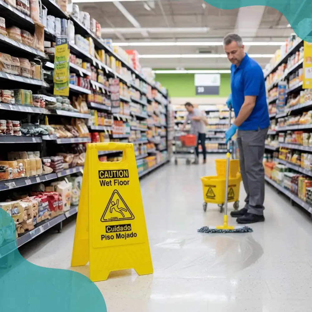 SoftTouch Series Double Sided Yellow Wet Floor Sign, English / Spanish, Caution Wet Floor