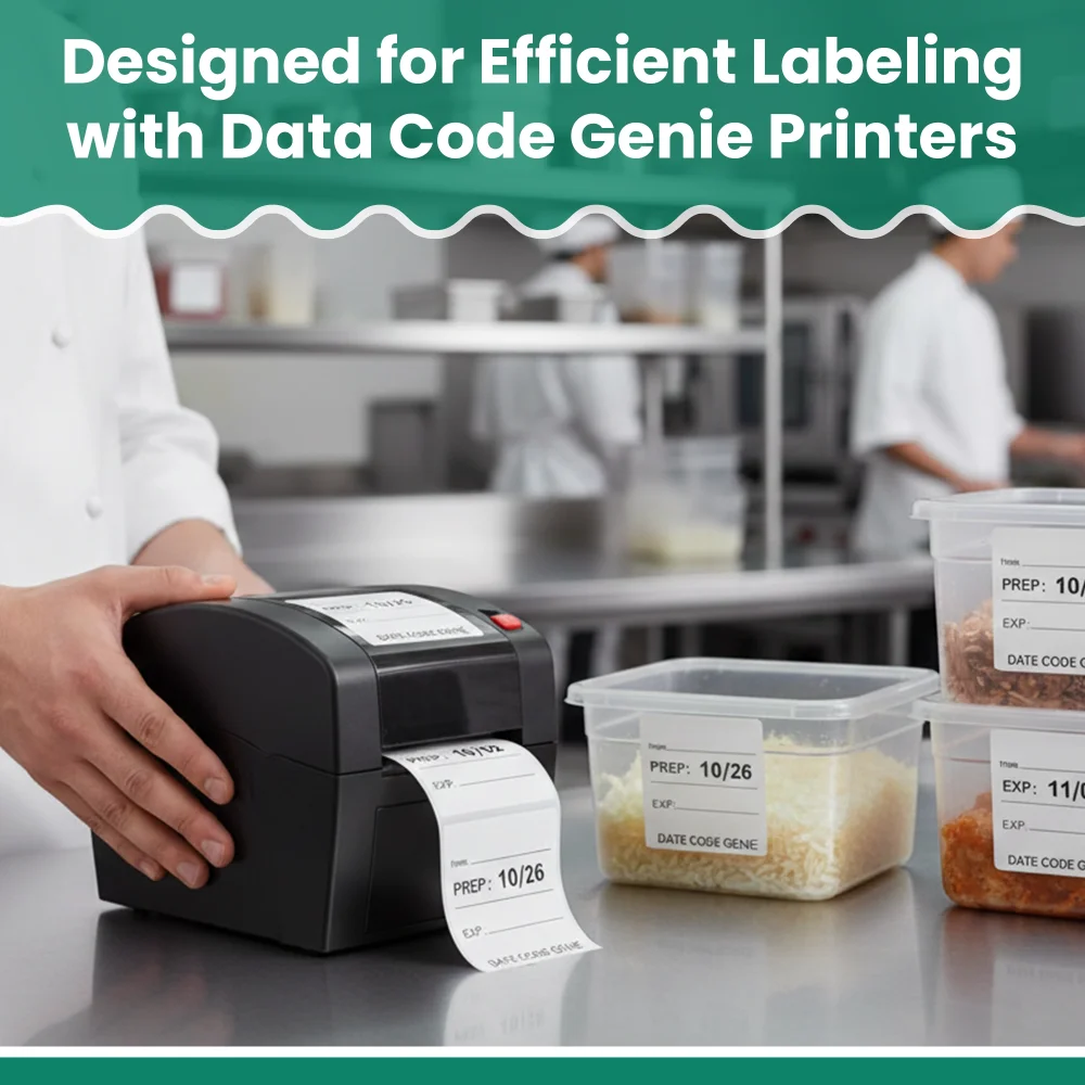 Dinelux Series Square Food Storage Labels, 2" x 2", Date Code Genie, 4 Rolls/Case