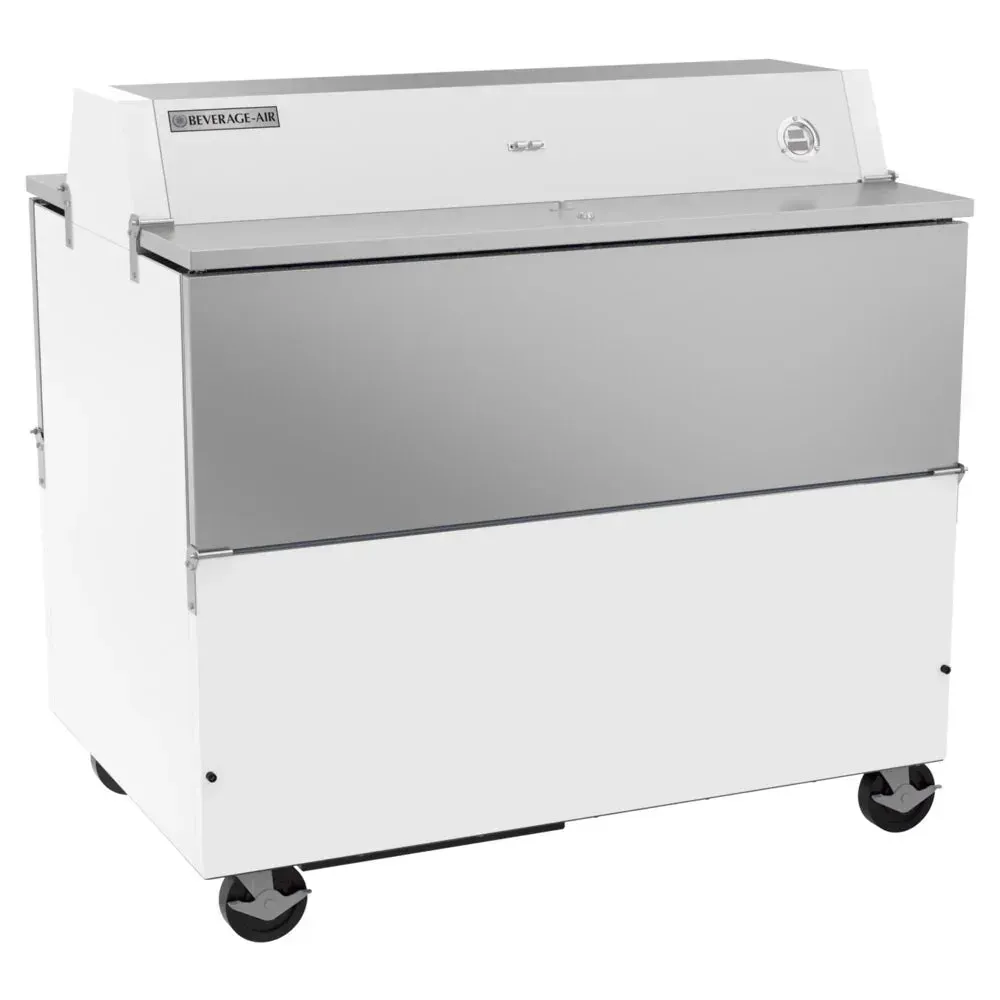 Side view of Beverage-Air white forced-air milk cooler with compact footprint, ideal for schools, hotels, or buffet stations needing quick access.