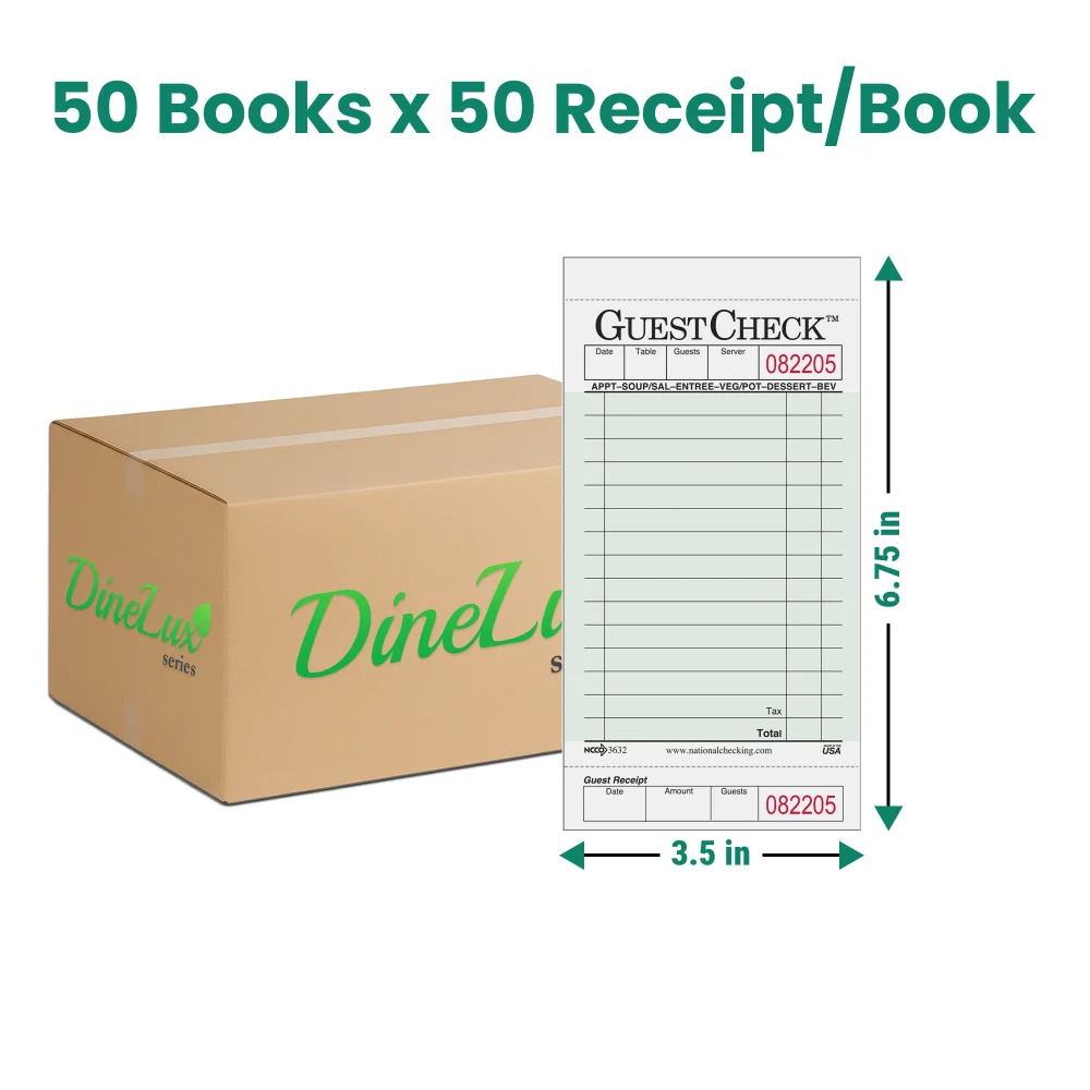 Dinelux Series Medium Single Copy Cardboard Guest Check, 3.50" x 6.75", Green, 2500/Case