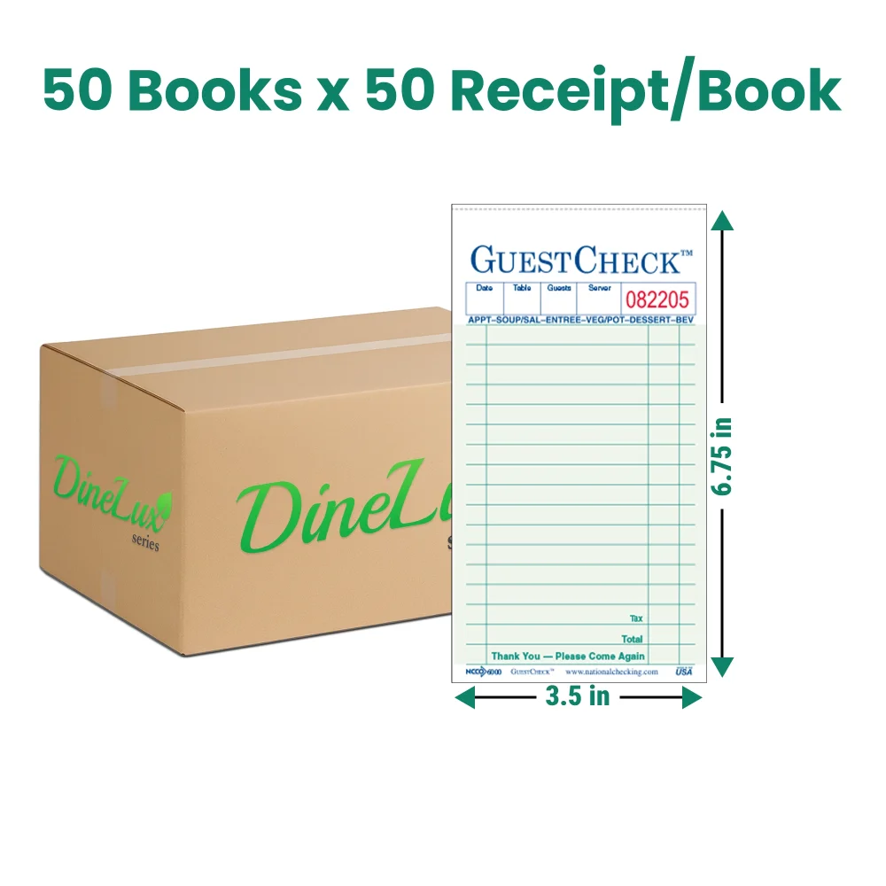 Dinelux Series Medium Two-Part Carbonless Guest Check, 3.50" x 6.75", Green, 2500/Case