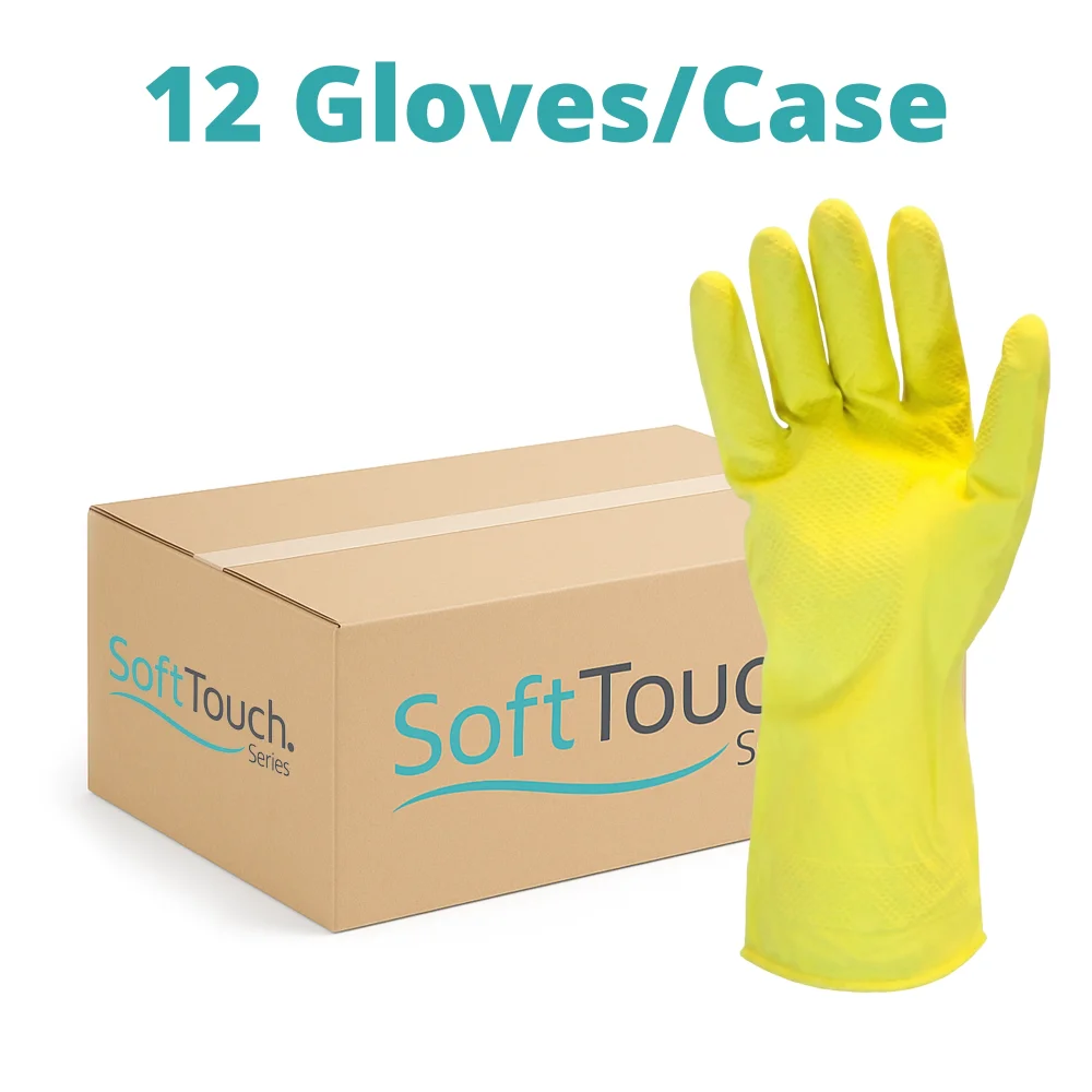 SoftTouch Yellow 16 Mil Latex Rubber Gloves with Flock Lining, Medium, 12/Case