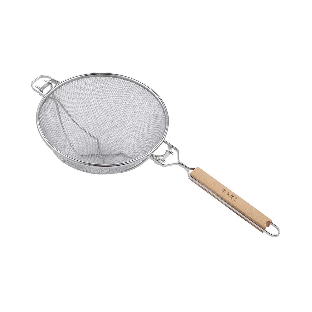 CAC China lightweight stainless single-mesh strainer with wood handle for hotel kitchen prep, reinforced rim resists bending, and dishwasher safe.