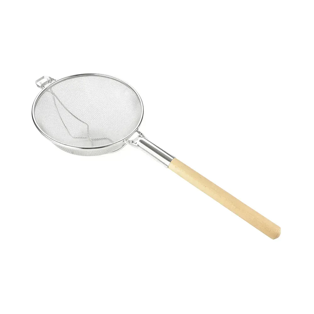 CAC China medium double-mesh strainer with durable mesh and wooden handle strains pasta and sauces smoothly, essential for cafe and hotel kitchens.