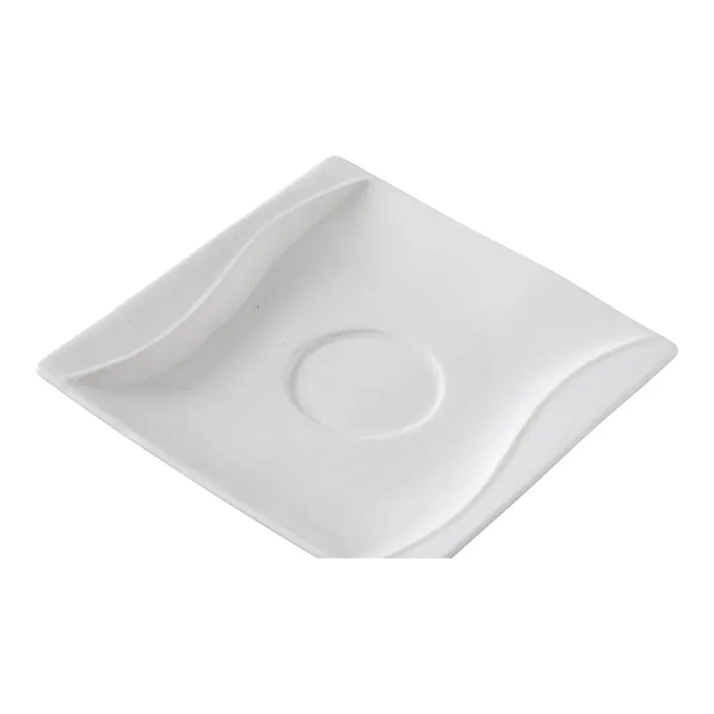Yanco China white square saucer designed to pair with cups, providing sleek style and practicality for coffee or tea service occasions.