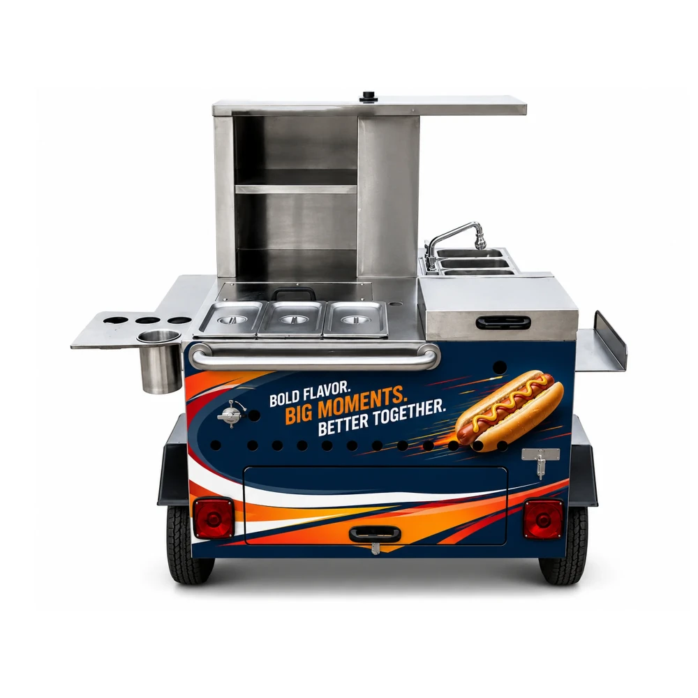 Compact Hot Dog Cart / Mobile Food Cart, 15" Griddle, 1 Steam Table, Holds 6 Pans, Towable