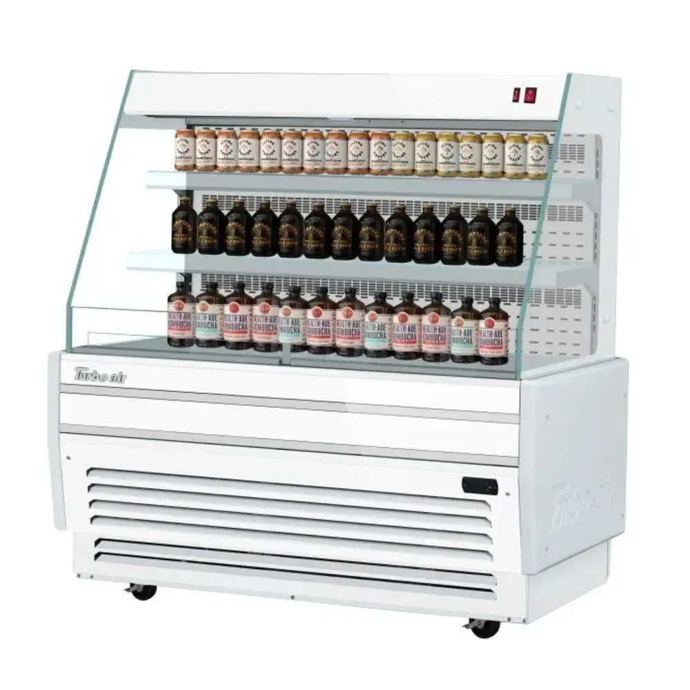 Multi tier horizontal display merchandiser from Turbo Air, providing extensive product visibility for supermarkets and large retail environments.
