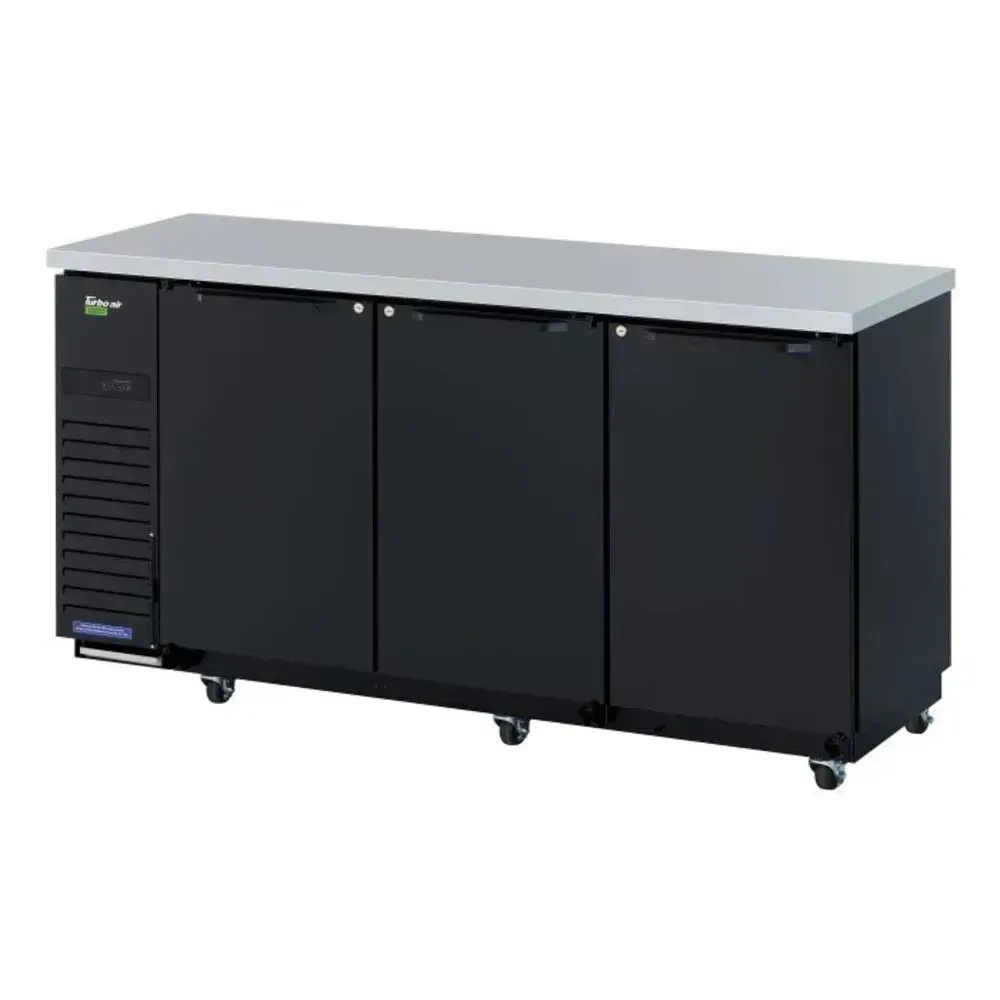 Seventy three inch black three section back bar cooler from Turbo Air for high volume bars, with glass doors offering a chilled drink display.