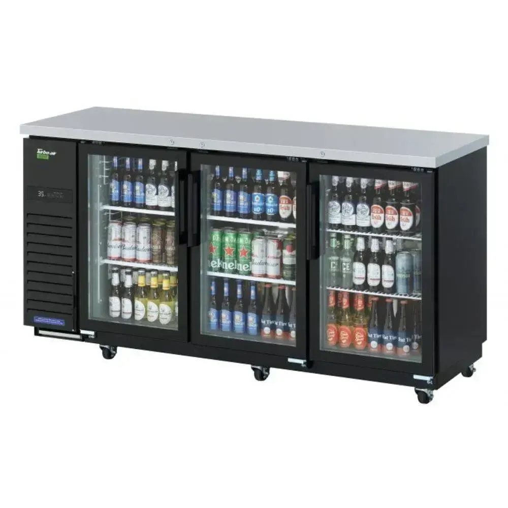 Seventy three inch three section black bar cooler by Turbo Air for hotel bars, with glass doors displaying chilled drinks in a sleek design.