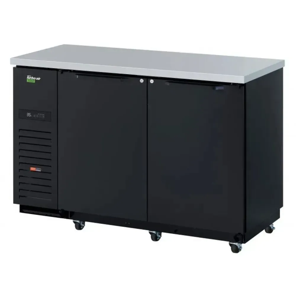 Twenty four inch black single section back bar cooler from Turbo Air for small bars, with glass doors providing a compact, stylish display.