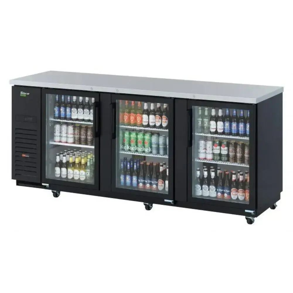 Ninety inch black three section back bar cooler by Turbo Air for large bars in hotels, with glass doors for showcasing wide beverage assortments.