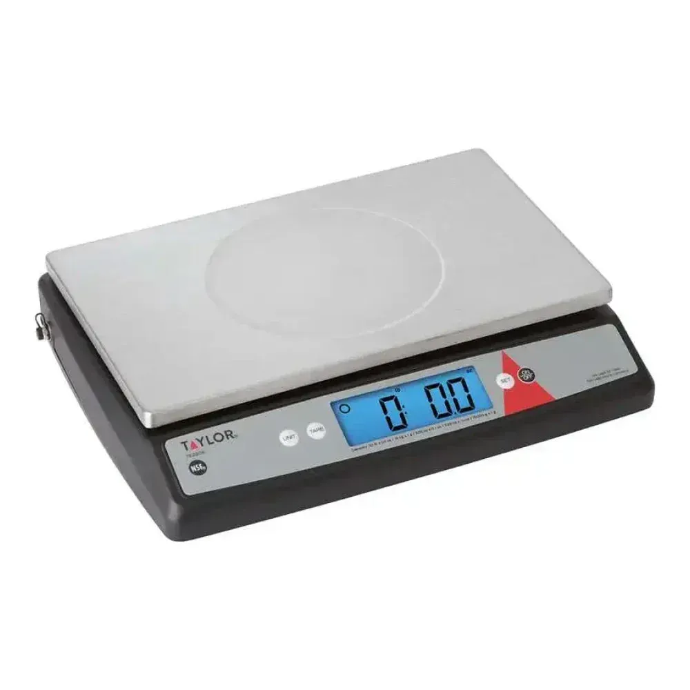 Taylor digital scale with oversized platform provides accurate weighing of bulk ingredients or items in commercial kitchen and food prep operations.