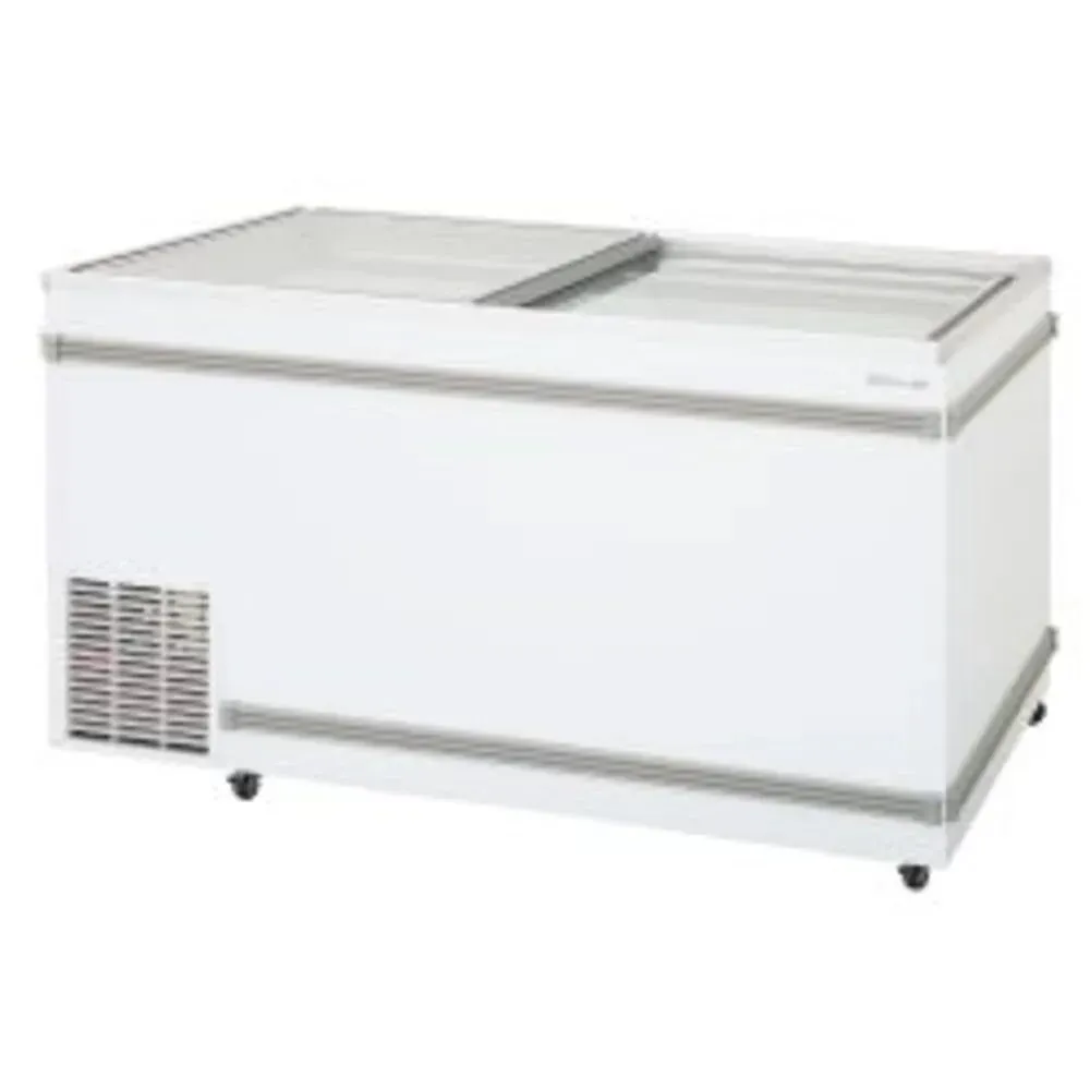 Horizontal top open display freezer by Turbo Air with curved glass, ideal for storing frozen desserts, large packs, or ice in commercial settings.