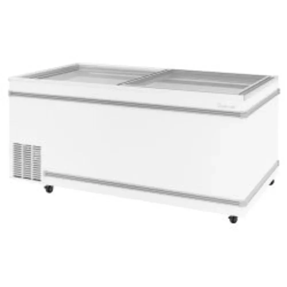 Large top open island freezer from Turbo Air featuring a stainless interior, ideal for frozen items in busy grocery stores or supermarkets.