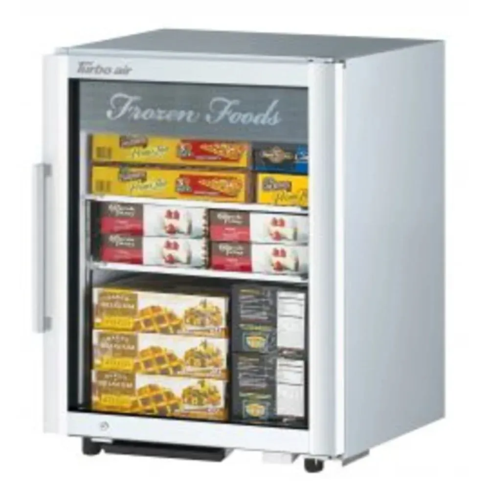 Countertop glass freezer merchandiser from Turbo Air displays desserts clearly, perfect for hotel lobbies or front counters boosting impulse sales.