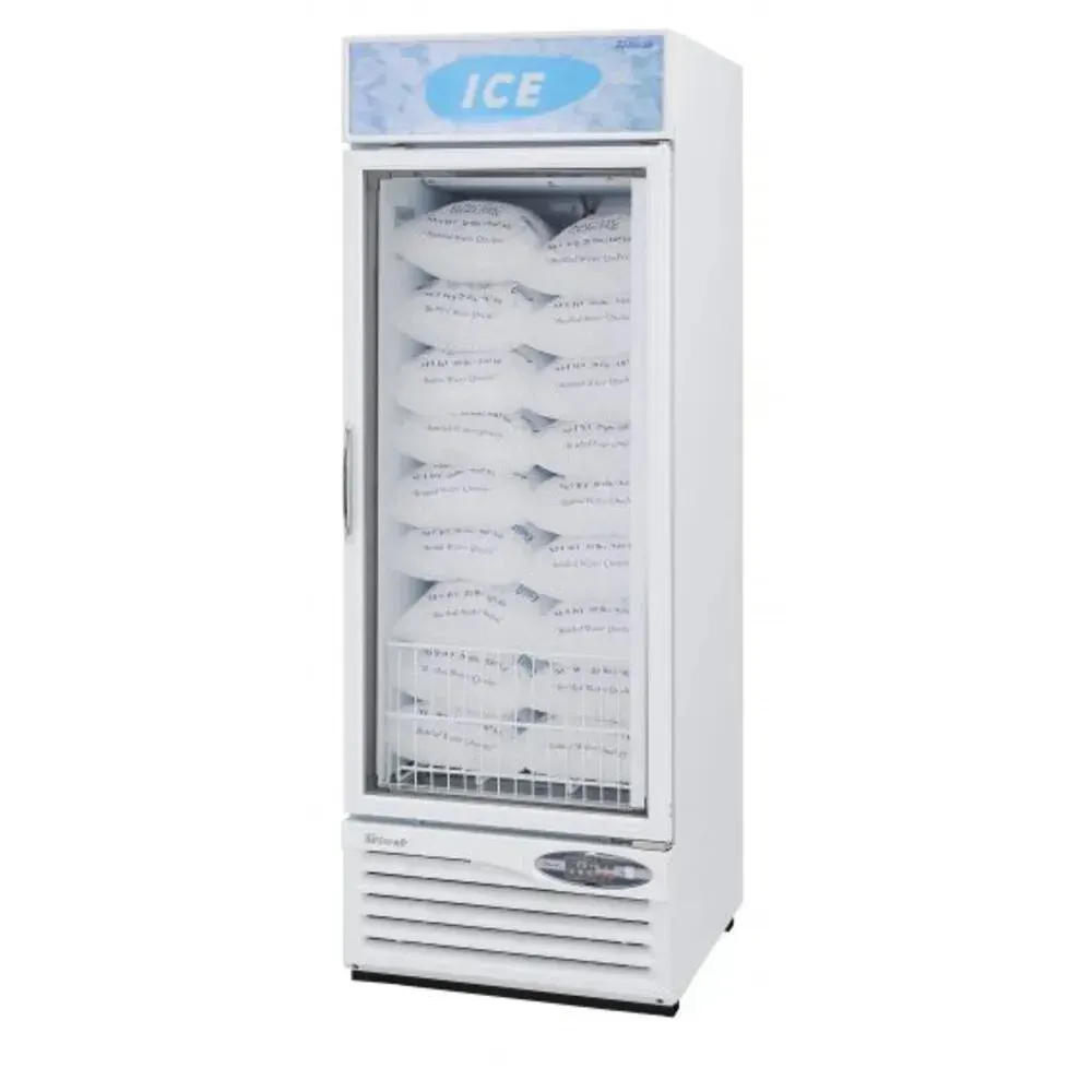 Single section ice merchandiser from Turbo Air with a front glass door, built for convenience stores and fuel stations selling packaged ice.