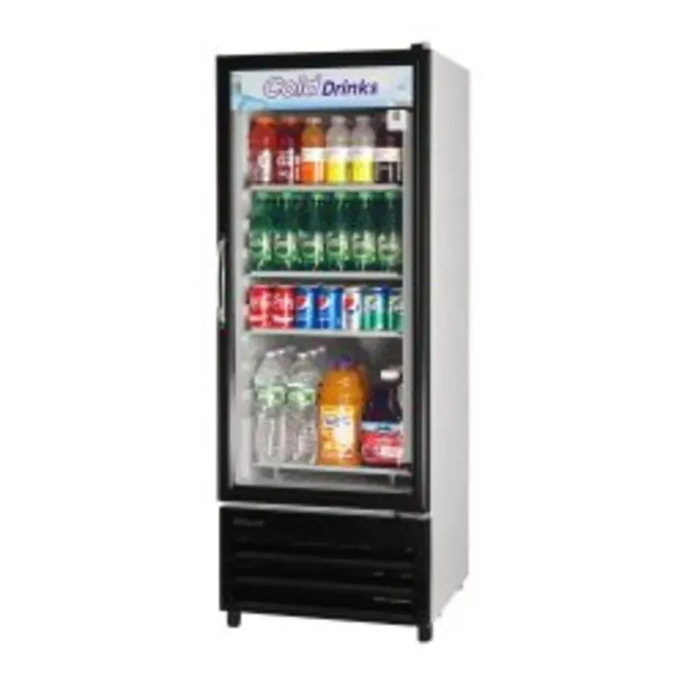 Compact single section glass merchandiser by Turbo Air displays chilled drinks and snacks under bright LED lighting, perfect for tight counters.