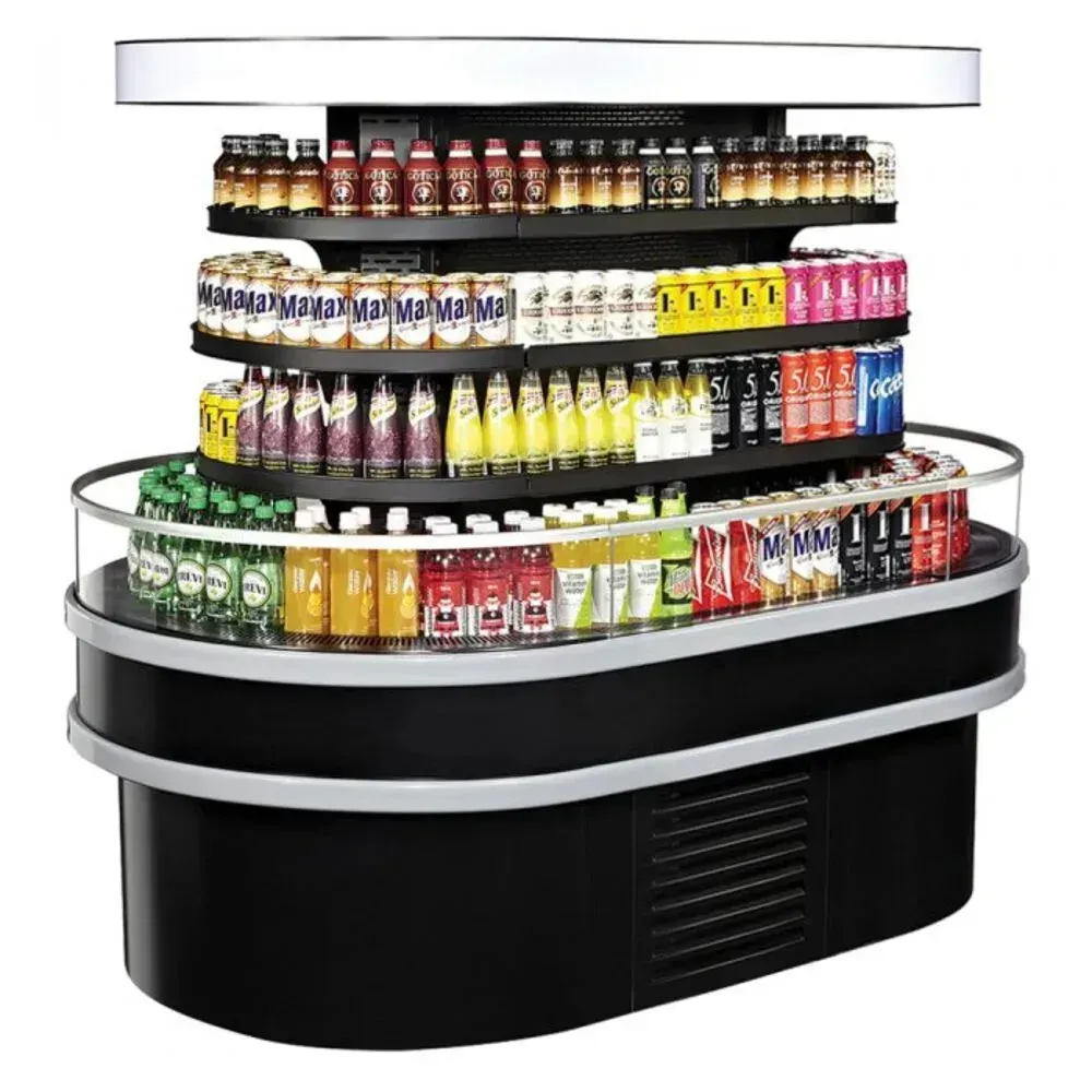 Black self serve island merchandiser from Turbo Air offers clear sight lines to chilled products, perfect for an easy grab and go experience.