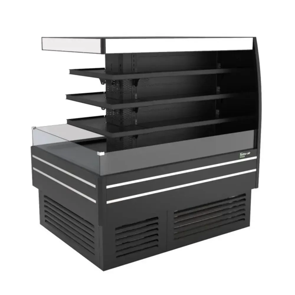 Black island self serve refrigerated merchandiser by Turbo Air with an open design and LED lighting, perfect for cafeterias and fresh displays.